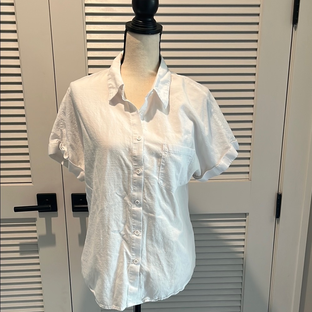 White Relaxed Button Down Shirt with Cuffed Sleeves